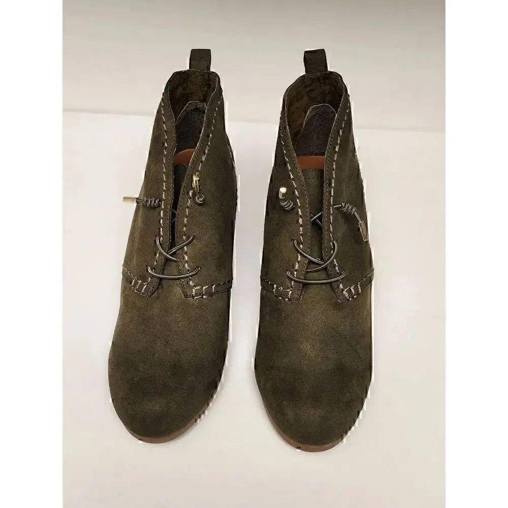 Cloudwalkers Olive Green Ankle Boots Sz 9M Lace Up Wedge Floral Embroidery